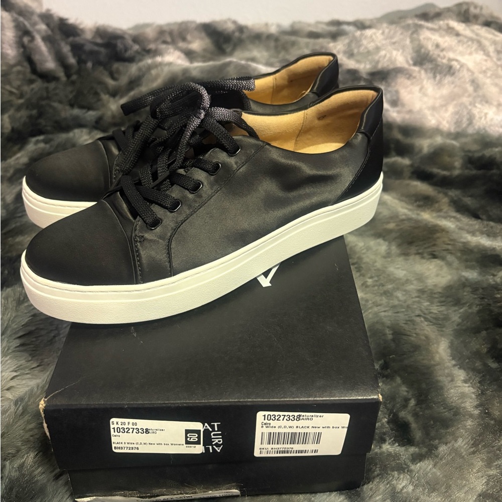 Naturalizer Black Lace-Up Platform Satin Sneakers with White Sole